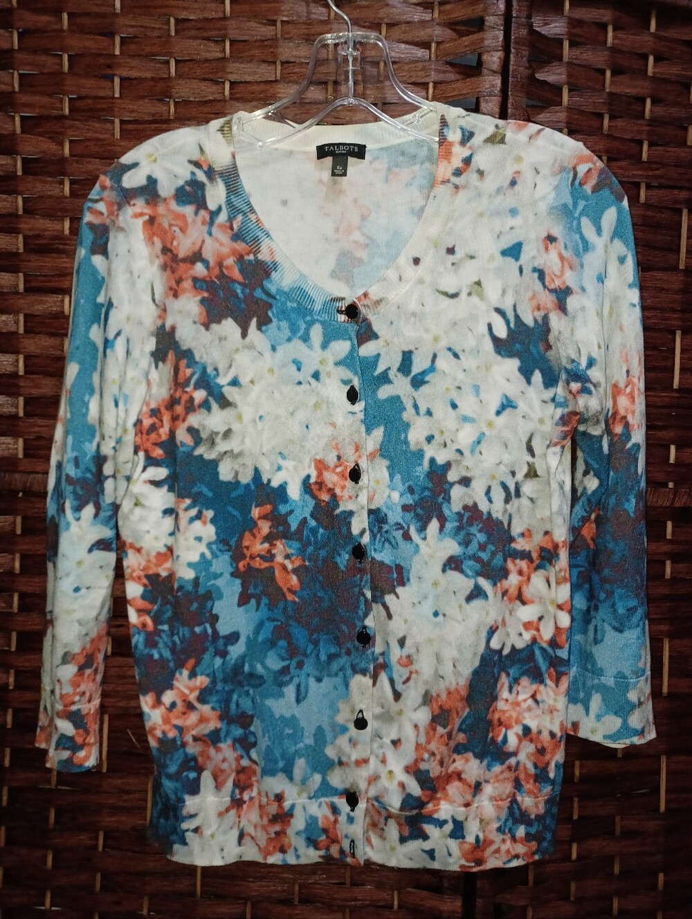 Talbots Teal & Coral Floral Button-Front Cardigan